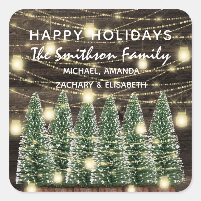 Happy Holidays Frohe Weihnachtsbaumen Name Rustika Quadratischer Aufkleber (Vorderseite)