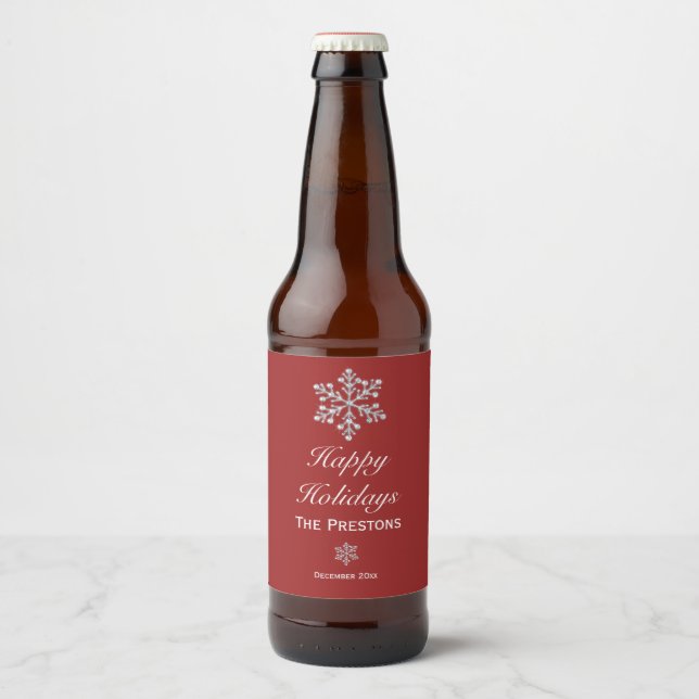 Happy Holidays Funkelnd Snowflake Beer Label Rot Bierflaschenetikett (Vorderseite)