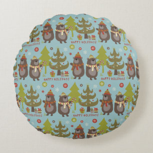 Happy Holidays Funny Christmas Bears Rundes Kissen