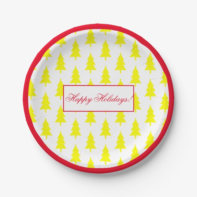 Happy Holidays Gelb auf weißem Baummuster Pappteller (Vorderseite)