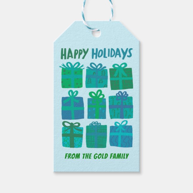 HAPPY HOLIDAYS Geschenke präsentiert Weihnachten C Geschenkanhänger (Vorderseite)