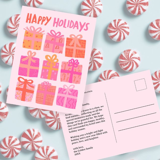 HAPPY HOLIDAYS Geschenke präsentiert Weihnachten C Postkarte (HAPPY HOLIDAYS Gifts Presents Christmas CUSTOM Pink Cute Holiday Postcard
)