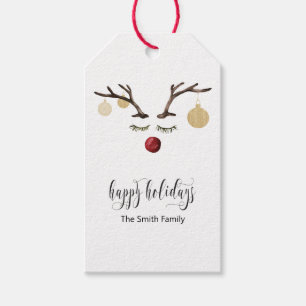 Happy Holidays Gift Card mit Rentier Face Geschenkanhänger