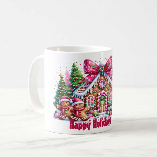 Happy Holidays Gingerbread House Christmas Mug Kaffeetasse (Vorderseite Links)