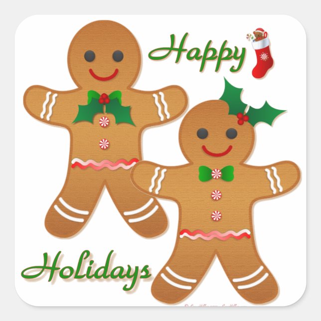 Happy Holidays Gingerbread Man Boy Girl Quadratischer Aufkleber (Vorderseite)