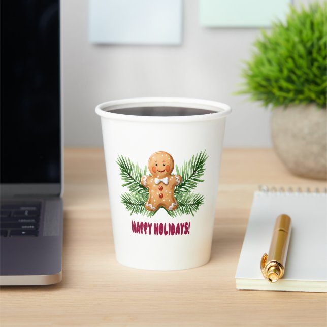 Happy Holidays Gingerbread Man & Pine Branchen Pappbecher (InSitu)