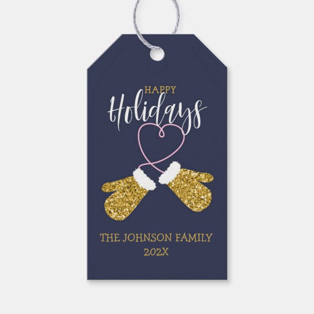 Happy Holidays Glitzer Mittens Geschenkanhänger (Vorderseite)