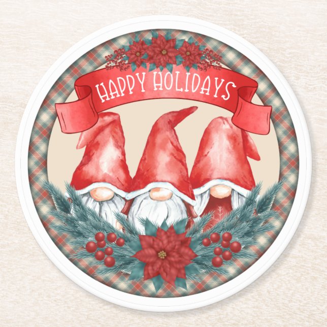 Happy Holidays Gnomes Round Paper Untersetzer (Vorderseite)
