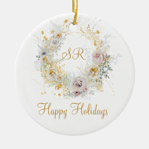 Happy Holidays Gold Floral Monogram Logo Keramik Ornament