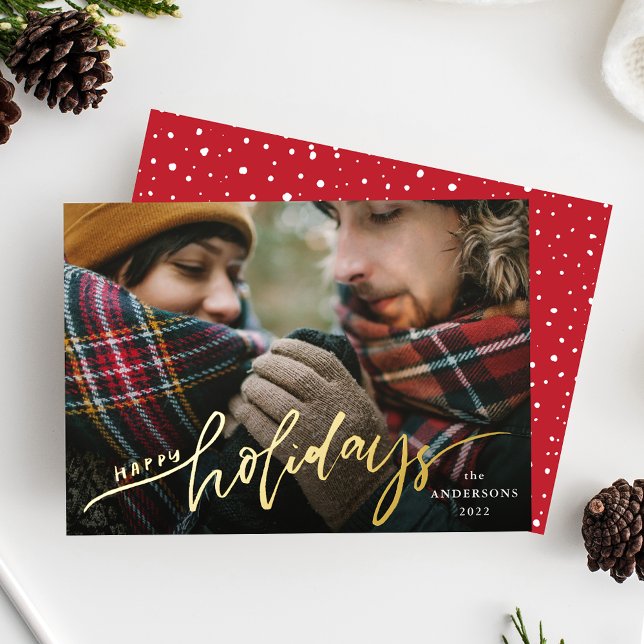Happy Holidays Gold Foil Script Holiday Foto Card Folieneinladung (Von Creator hochgeladen)