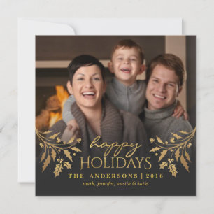 Happy Holidays Gold Holly Foto Flat Card Feiertagskarte