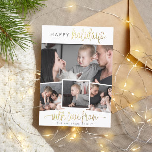 Happy Holidays Gold Lettering 4 Photo Collage Feiertagspostkarte