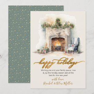Happy Holidays Gold Script Fireplace Non Foto Feiertagskarte