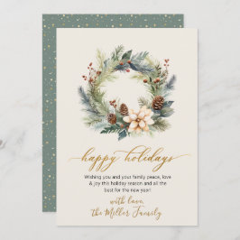 Happy Holidays Gold Script Wreath Green Card Feiertagskarte