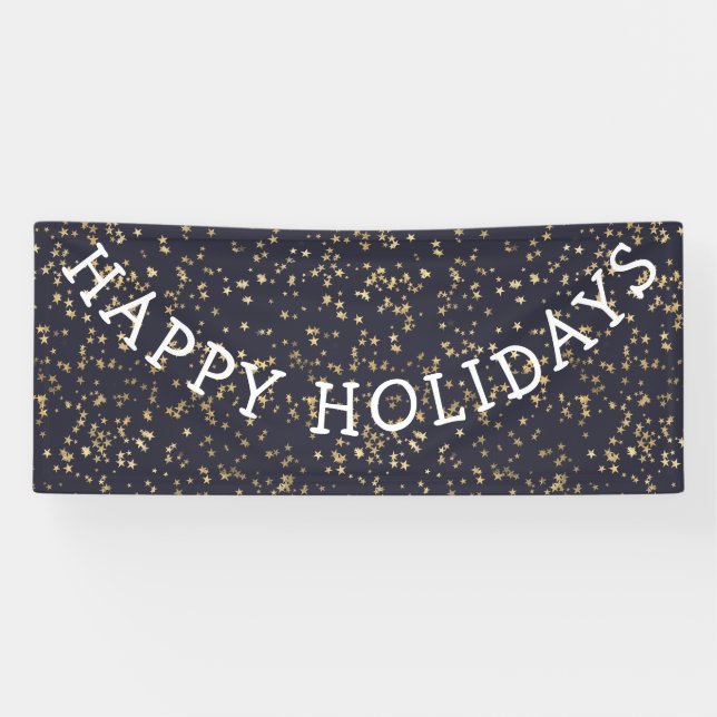 Happy Holidays Gold Stars Navy Blue Weihnachten Banner (Horizontal)