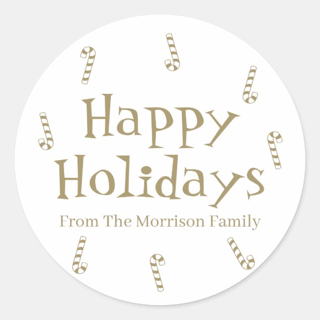 Happy Holidays Gold White individuelle Name Gabe G Runder Aufkleber (Vorderseite)