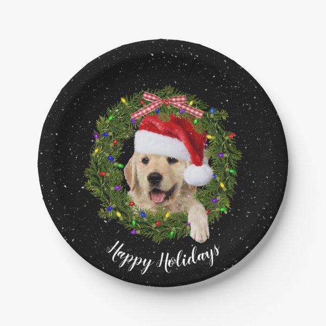 Happy Holidays golden retriever Pappteller (Vorderseite)