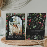 Happy Holidays Gray 1 Foto Botanischer Garten Feiertagskarte<br><div class="desc">Diese Kollektion besticht durch Aquarellblumen,  Beeren und Wintergrün mit moderner und eleganter Typografie,  mit einem botanischen Wintermuster zurück.</div>