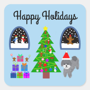 Happy Holidays Gray Poodle Christmas #4-2 Stickers