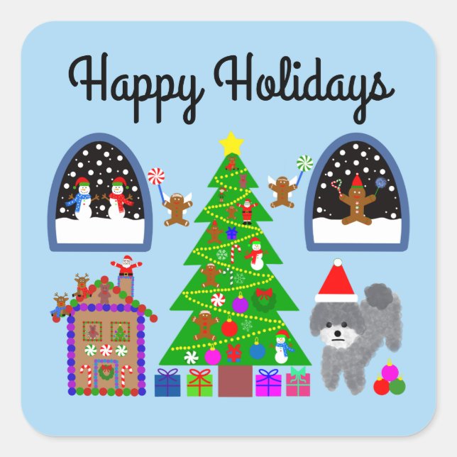 Happy Holidays Gray Poodle Christmas #6-2 Stickers (Vorderseite)