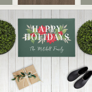 Happy Holidays Green Christmas Floral Familienname Fußmatte