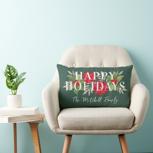 Happy Holidays Green Christmas Floral Familienname Lendenkissen (Stuhl )