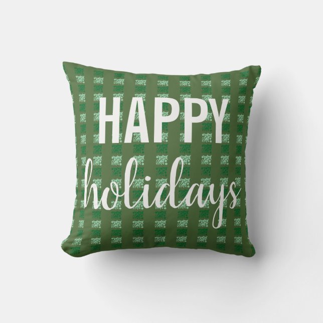 Happy Holidays Green Holly Checkered Kissen (Vorderseite)