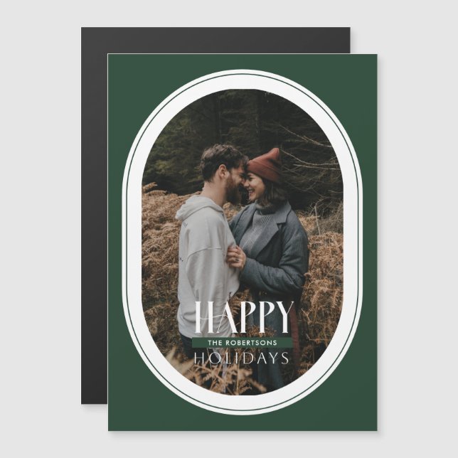 Happy Holidays Green Oval Frame Foto Card Magneteinladung (Vorne/Hinten)