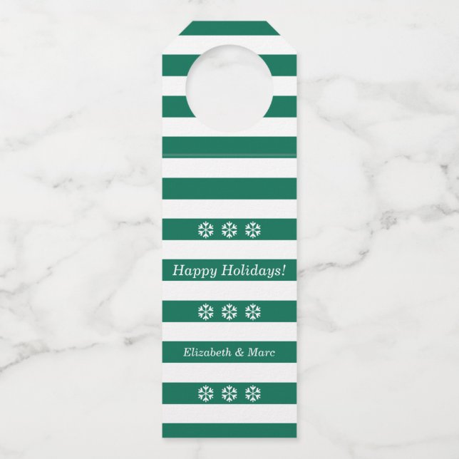 Happy Holidays Green Striped Schneeflocken Wein Flaschenanhänger (Vorderseite)