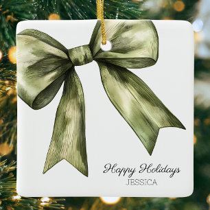 Happy Holidays Green Watercolor Bow Weihnachten Keramikornament