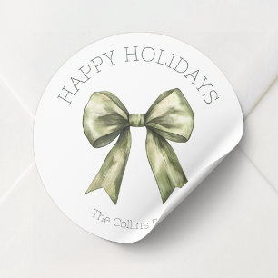 Happy Holidays Green Watercolor Bow Weihnachten Runder Aufkleber