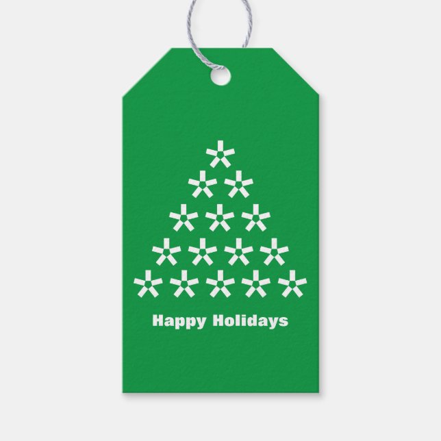 Happy Holidays Green White Snow Stars Tree Geschenkanhänger (Vorderseite)