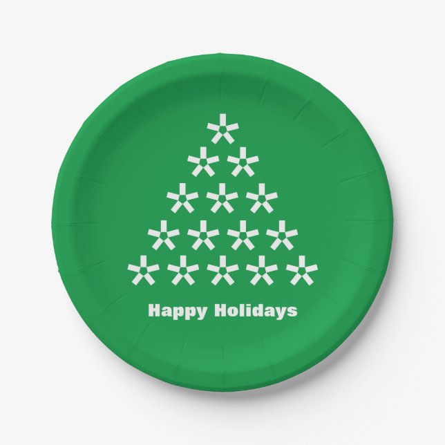 Happy Holidays Green White Snow Stars Tree Pappteller (Vorderseite)