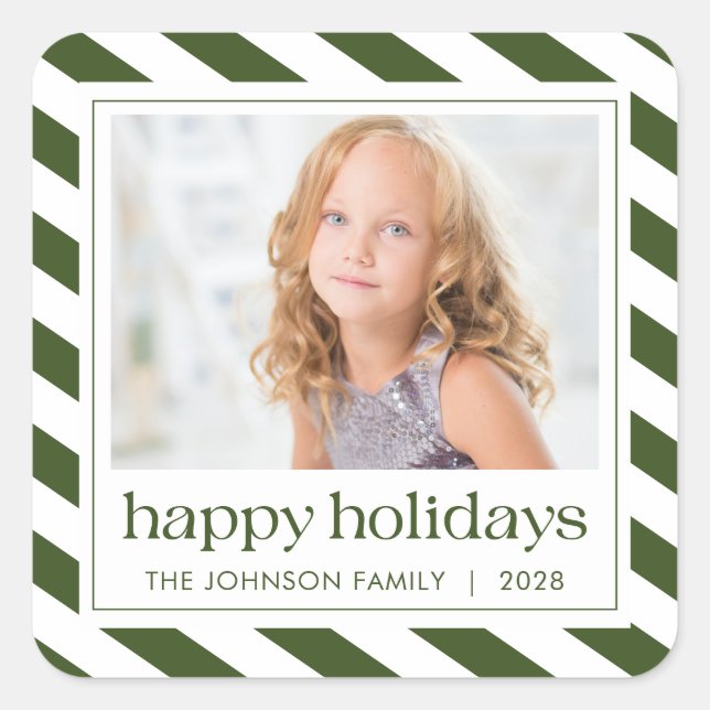 Happy Holidays Green White Stripe Foto Quadratischer Aufkleber (Vorderseite)