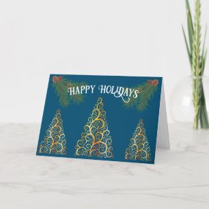 Happy Holidays Gretting Card Trees Gold und Blau Dankeskarte