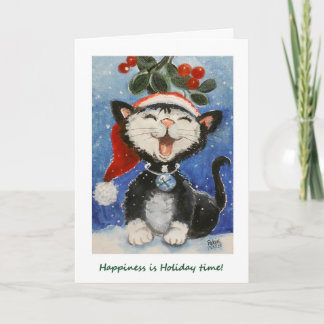 Happy Holidays, Happy Cat unter mistletoe Karte