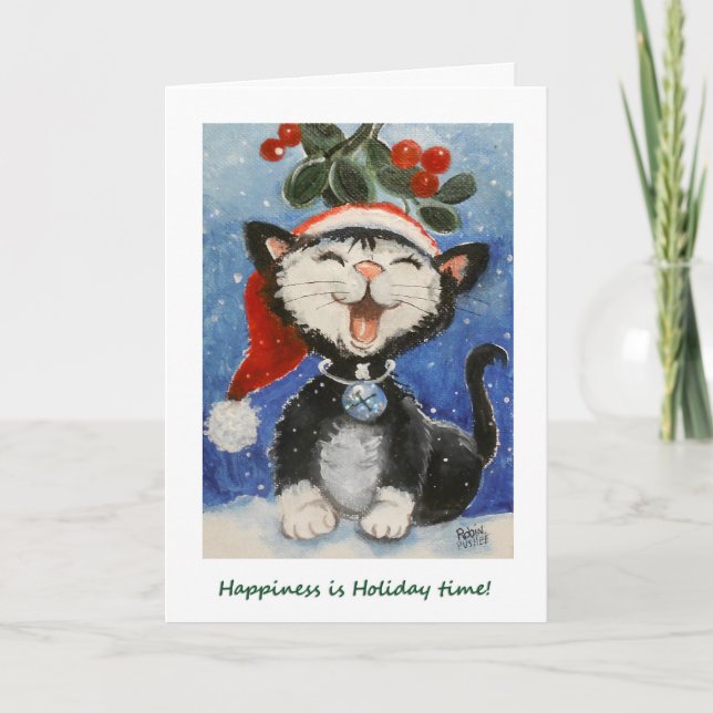 Happy Holidays, Happy Cat unter mistletoe Karte (Vorderseite)