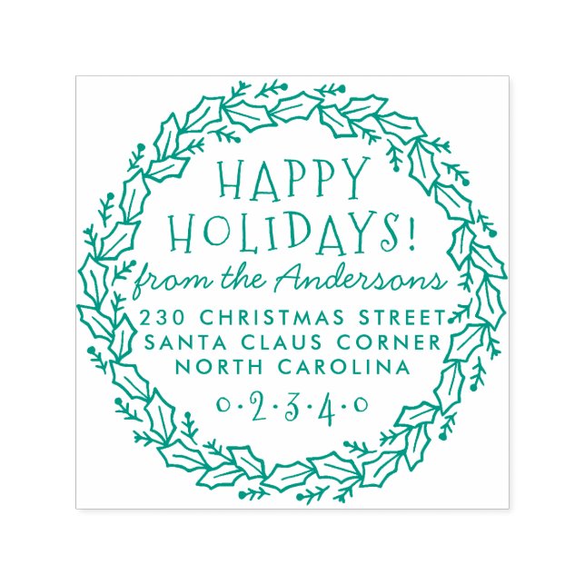 Happy Holidays Holly & Pine Wreath Rücksendeadress Permastempel (Design)