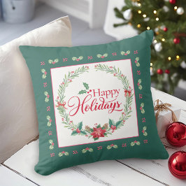 Happy Holidays Holly Wreath Christmas Throw Kissen