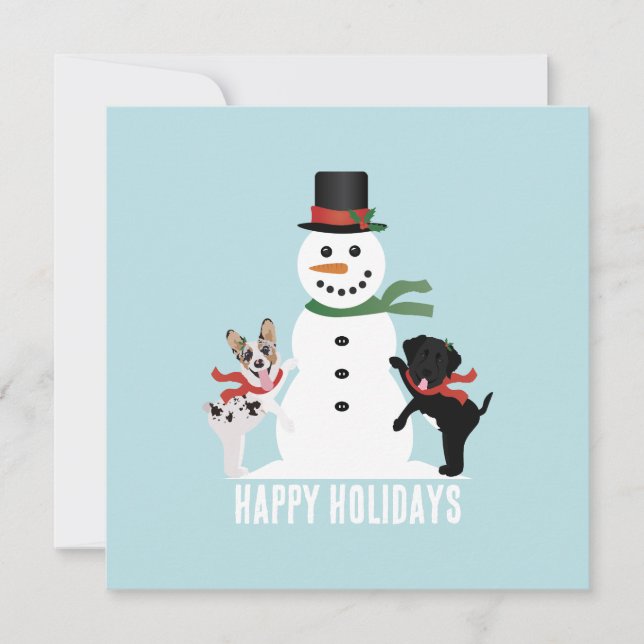 Happy Holidays Hunde Gebäude A Snowman Karte (Vorderseite)