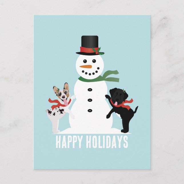 Happy Holidays Hunde Gebäude A Snowman Postkarte (Vorderseite)