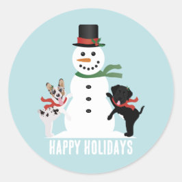 Happy Holidays Hunde Gebäude A Snowman Runder Aufkleber