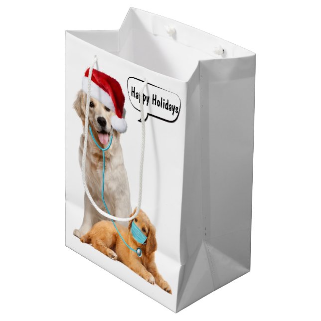 Happy Holidays Hunde Mittlere Geschenktüte (Vorderseite Schrägansicht)