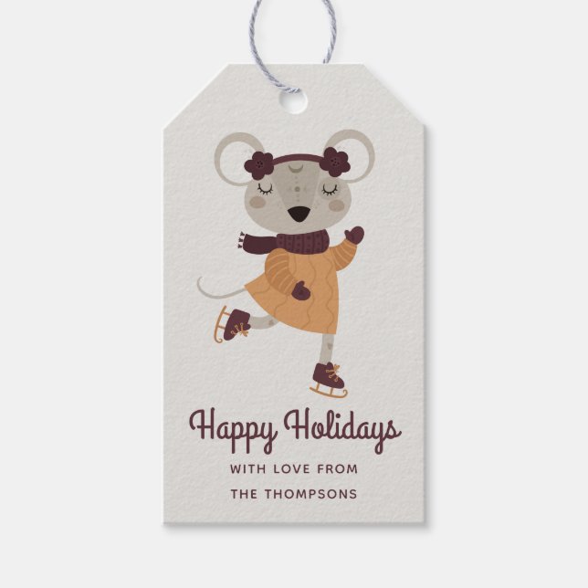 Happy Holidays Ice Skaten Mouse Personalisiert Geschenkanhänger (Vorderseite)