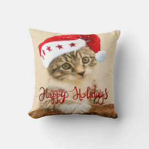 Happy Holidays, Katze mit Weihnachtsmannmütze Kissen