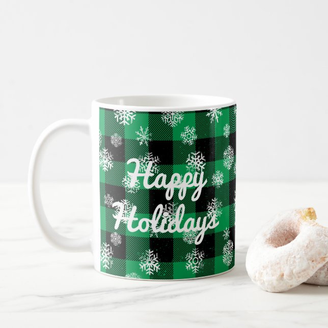 Happy Holidays l Snowflakes Green Buffalo Kariert Kaffeetasse (Mit Donut)
