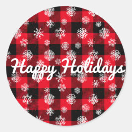 Happy Holidays l Snowflakes Rotes Buffalo Kariert Runder Aufkleber