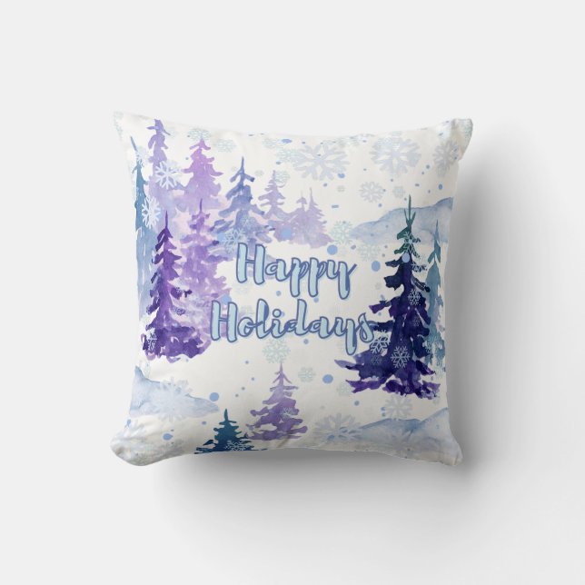 Happy Holidays Lila Winter Snowy Trees Kissen (Vorderseite)