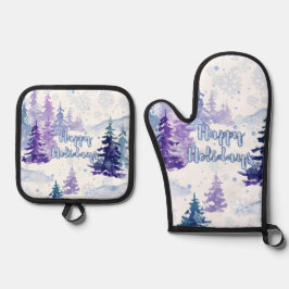 Happy Holidays Lila Winter Snowy Trees Ofenhandschuh & Topflappen-Set