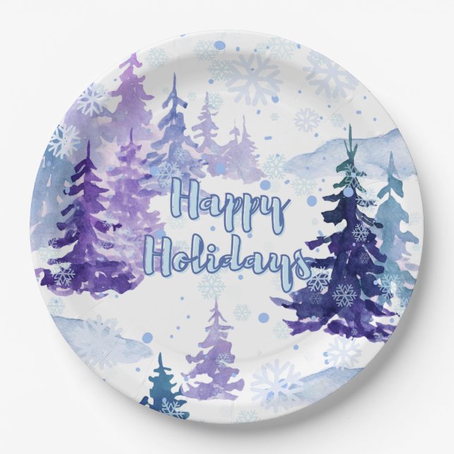 Happy Holidays Lila Winter Snowy Trees Pappteller (Vorderseite)